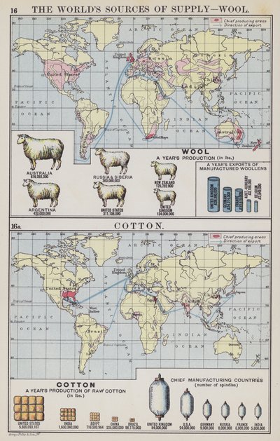 世界供应来源、羊毛、棉花（彩色石版画） 作者 英语学校