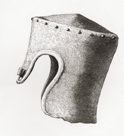 13 世纪带鼻孔的圆柱形平顶头盔，1841 年在蒙哥马利城堡挖出，摘自《英国军队》：其起源、发展和装备》，1868 年出版。 作者 英语学校