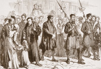 托马斯·比尔尼 (Thomas Bilney) 走向火刑柱，插图来自詹姆斯·艾特肯·怀利 (James Aitken Wylie，1808-1890) 所著的《新教历史》，酒吧。 1878年（雕刻） 作者 英语学校