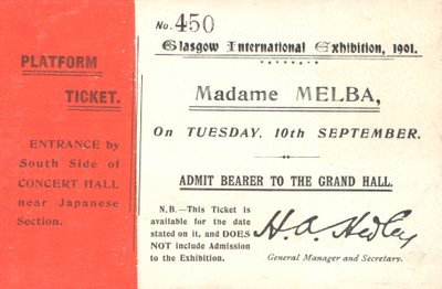 在1901年格拉斯哥国际展览会上听到Nellie Melba的演出门票（打印） 作者 英语学校