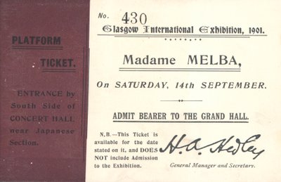 在1901年格拉斯哥国际展览会上听到Nellie Melba的演出门票（打印） 作者 英语学校