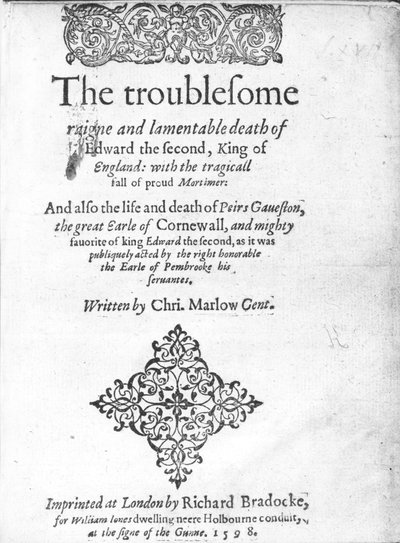 爱德华二世的标题页由Christopher Marlowe出版，出版于1598年（印刷纸） 作者 英语学校