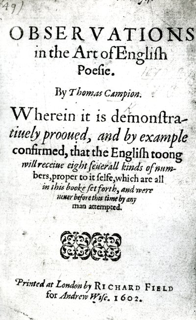 英国诗歌艺术观察的标题页，作者：Thomas Campion，1602年出版（印刷版） 作者 英语学校