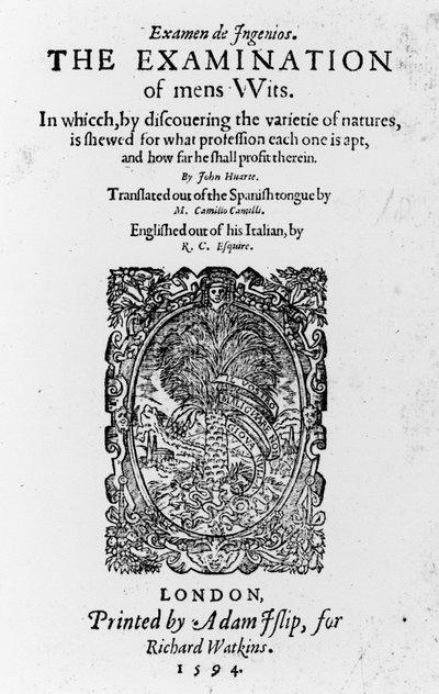 1594年出版的Juan Huarte的男性智慧考试题目页（印刷纸） 作者 英语学校