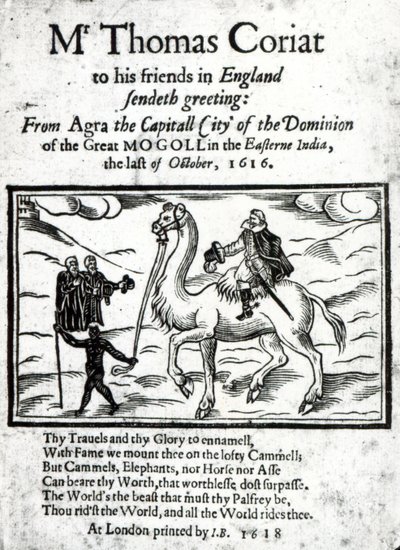 Thomas Coryats的标题页追溯了他在印度的旅行记录，于1618年在伦敦出版（印刷纸和木刻） 作者 英语学校