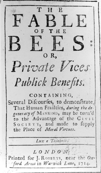 1714年Bernard de Mandeville的“蜜蜂寓言”的标题页 作者 英语学校