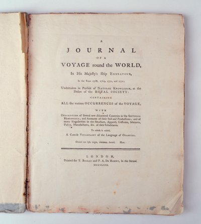 1768年，1779年，1770年和1771年在他的Majestys船舶努力中的世界航行期刊的标题页，1771年在伦敦出版（印刷版） 作者 英语学校