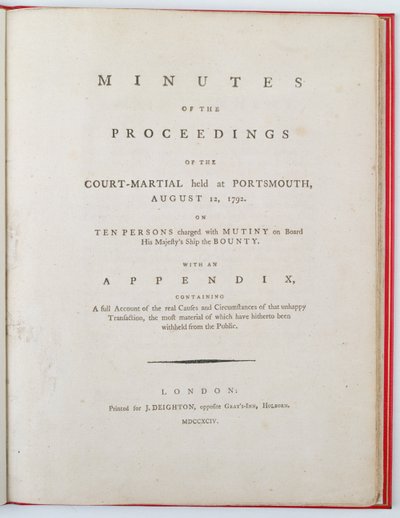 1792年8月12日在朴茨茅斯举行的军事法庭诉讼记录的标题页，1794年在伦敦出版（印刷版） 作者 英语学校