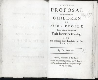 乔纳森斯威夫特于1729年出版的“适度提案”的标题页（印刷版） 作者 英语学校