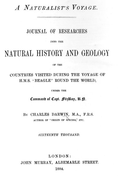 查尔斯·达尔文的自然主义者航行的标题页，1884年出版的版本（印刷纸） 作者 英语学校