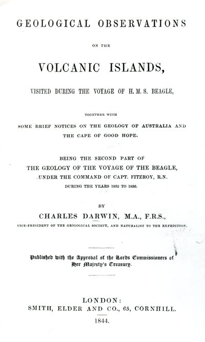 1844年查尔斯·达尔文对火山岛地质观测的标题页（印刷纸） 作者 英语学校