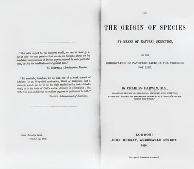 查尔斯达尔文于1859年出版的“物种起源”标题页 作者 英语学校