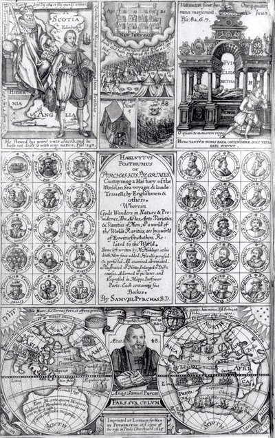 1625年出版的第一版Hakluytus Posthumus或Purchas His Pilgrimes的标题页 作者 英语学校