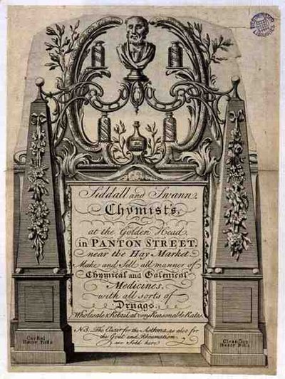 Siddall and Swann, Chemists, at the Golden Head, Panton Street, London（雕刻）的贸易卡。 作者 英语学校