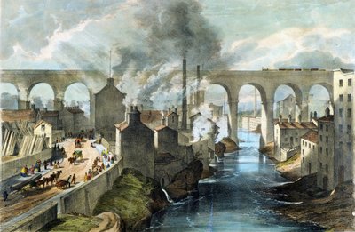 约 1845 年，伦敦和西北铁路上的列车穿越斯托克波特高架桥（彩色石版印刷）。 作者 英语学校