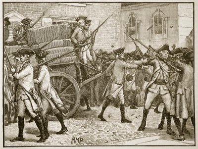 1766年纽约市政厅护送盖章纸的部队，插图来自卡塞尔斯画报英国历史（棕褐色照片） 作者 英语学校