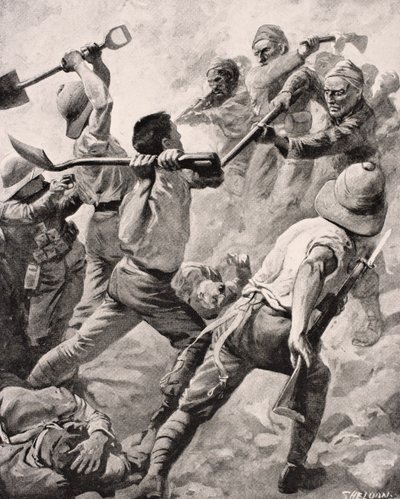 土耳其和英国士兵于1915年在土耳其加里波利半岛进行手持战斗，于1916年在伦敦出版的“战争画报专辑”中出版 作者 英语学校