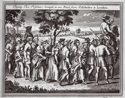 二十二名囚犯从科尔切斯特带来一支乐队到伦敦，来自Foxes Martyrs c.1703的插图 作者 英语学校