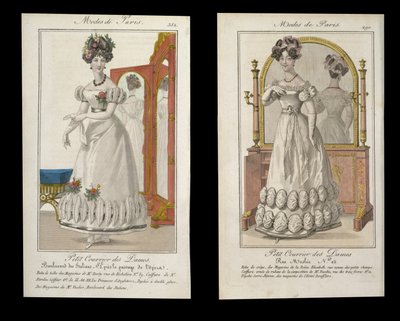 两件时装女装晚礼服，来自Modes de Paris，1825年的广告 作者 英语学校
