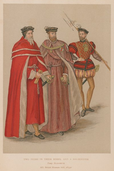 穿着长袍的两个同伴和伊丽莎白时代的一个Halberdier 作者 英语学校