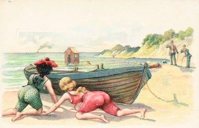 沐浴服装的两名妇女在一排划船后采取掩护 作者 英语学校