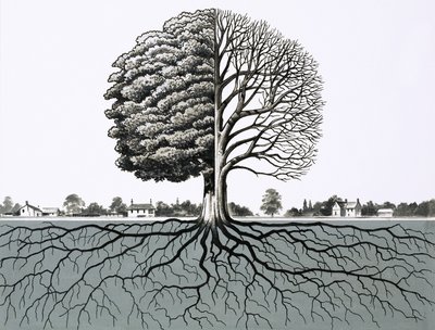 身份不明的树，显示没有叶子和根系统的一半 作者 英语学校