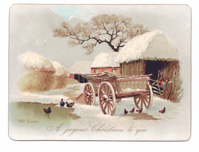 维多利亚时代的圣诞卡：农庄池塘边的鸭子和鸡，约1880年（彩色平版印刷）。 作者 英语学校