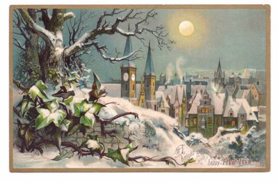 维多利亚时代的新年贺卡，描绘了雪月夜下的教堂和房屋，约 1880 年（彩色平版印刷） 作者 英语学校