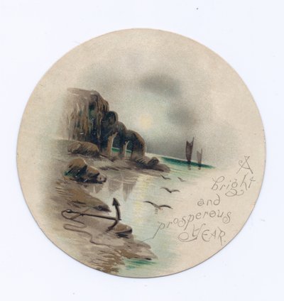 维多利亚时代的圆形新年卡，描绘了月夜中两艘游艇的海景，约1880年（彩色平印）。 作者 英语学校