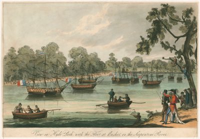 在海德公园与舰队在蛇形河上的锚点观看。 瑙玛基亚。 1814 年的和平（彩色雕刻） 作者 英语学校