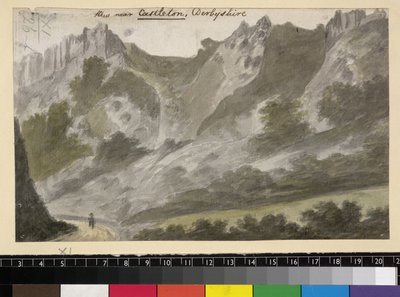 德比郡卡斯尔顿附近的景色，约 1790 年（纸面铅笔水彩画） 作者 英语学校