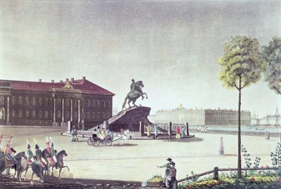 圣彼得大帝广场和圣彼得堡参议院景观》，博耶出版，伦敦，1815 年（彩色石版印刷）。 作者 英语学校