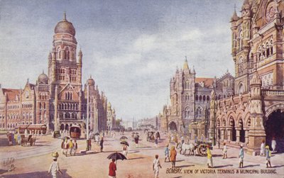孟买维多利亚总站和市政大楼景观（彩色石版画） 作者 英语学校