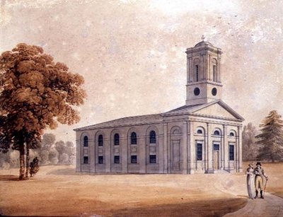 公园中的新古典主义教堂景观，约1790年（纸上水彩）。 作者 英语学校