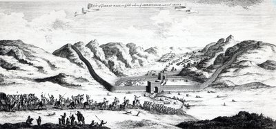 大使进入中国的长城景观，来自约翰哈里斯的“旅行与旅行的集合”，1748年 作者 英语学校