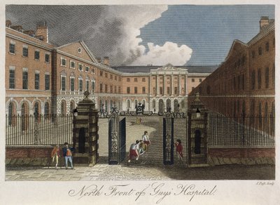 观看人的医院，Southwark北部前面，显示通过前门被拉伸的人，c.1800 作者 英语学校