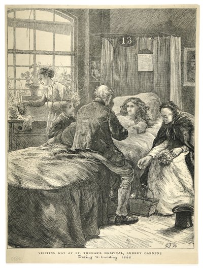 萨里花园圣托马斯医院的探访日，来自《伦敦新闻画报》。 作者 英语学校