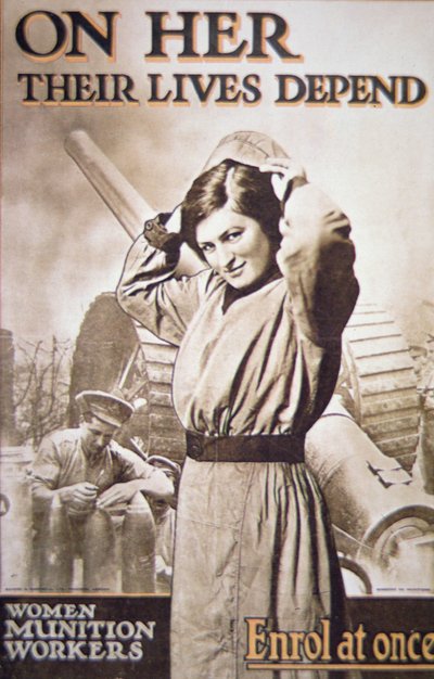 一战海报鼓励女军工，约1914-18年（彩色平印）。 作者 英语学校