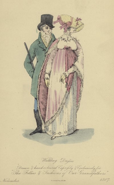 女士们和先生们的步行装（彩色雕刻）。 作者 英语学校