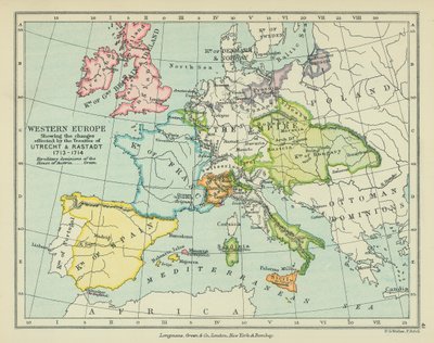 显示《乌得勒支条约》和《拉斯塔特条约》所带来变化的西欧（彩色石版画） 作者 英语学校