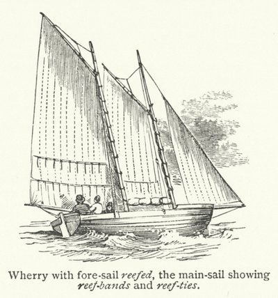 收起前帆的 Wherry，主帆上有暗礁带和暗礁绳（雕刻） 作者 英语学校