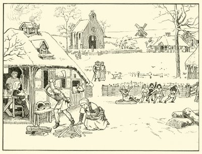 在一个村庄的冬季场景。 14th Cent（纸上墨水） 作者 英语学校