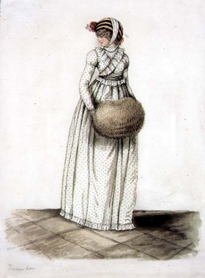 穿着 "十二月 "裙子的女人，约1815年（纸上水彩和铅笔）。 作者 英语学校