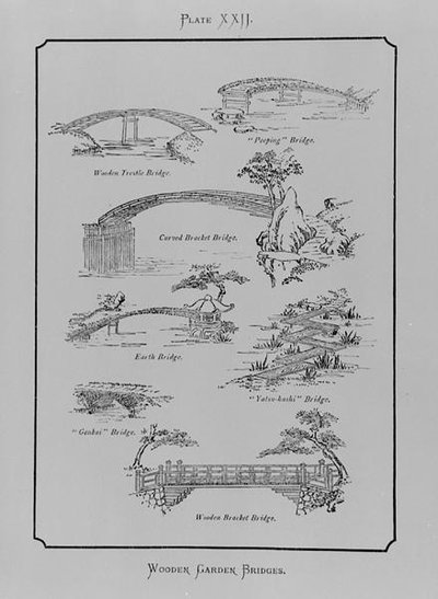 木制花园桥，出自《日本的景观园艺》，作者Josiah Conder，1893年出版（雕刻）（黑白照片）。 作者 英语学校