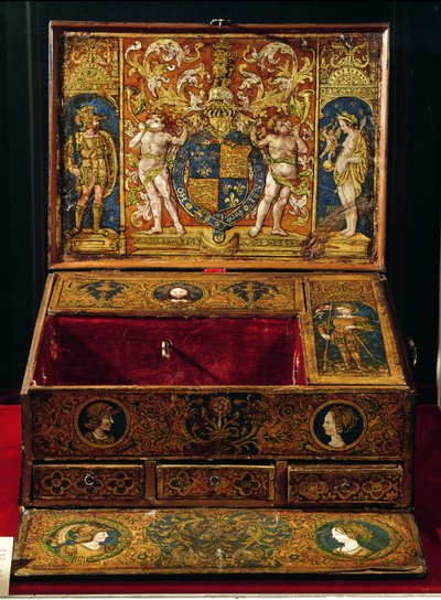 书写盒或桌子，可能由Lucas Hornebolte（c.1492-1544）c.1525-27（胡桃木和橡木涂漆和镀金皮革）绘制 作者 英语学校