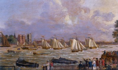 坎伯兰舰队的游艇在兰贝斯宫（Lambeth Palace）上赛车，1775年 作者 英语学校