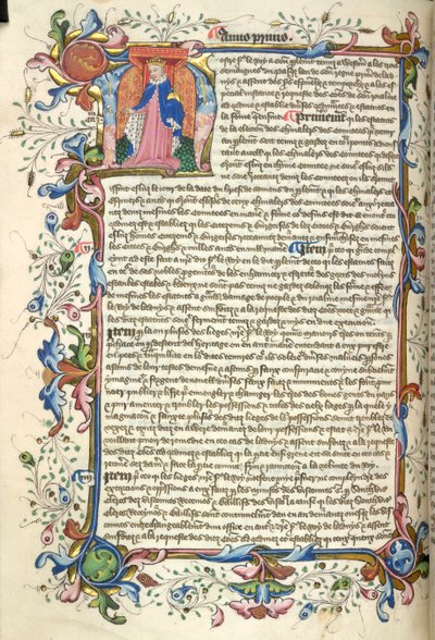 Yates Thompson 48，f.172v 历史上亨利五世的首字母“N”（ostre），以及他的法令开头的完整叶状边框，来自“Nova Stauta”（牛皮纸） 作者 英语学校