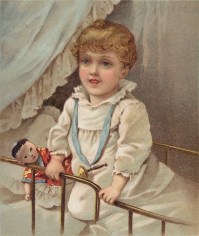婴儿床中的幼童 (chromolitho) 作者 英语学校