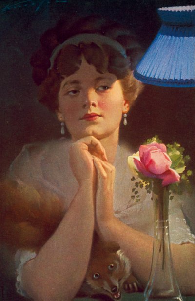 灯下的年轻女子和一只狐狸（彩色石版画） 作者 英语学校