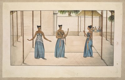 f.91 (102) 三位塞林比宫廷舞者和加麦兰管弦乐队，可能于 1811-13 年在梭罗或柔嘉（纸上铅笔和水彩） 作者 英语学校